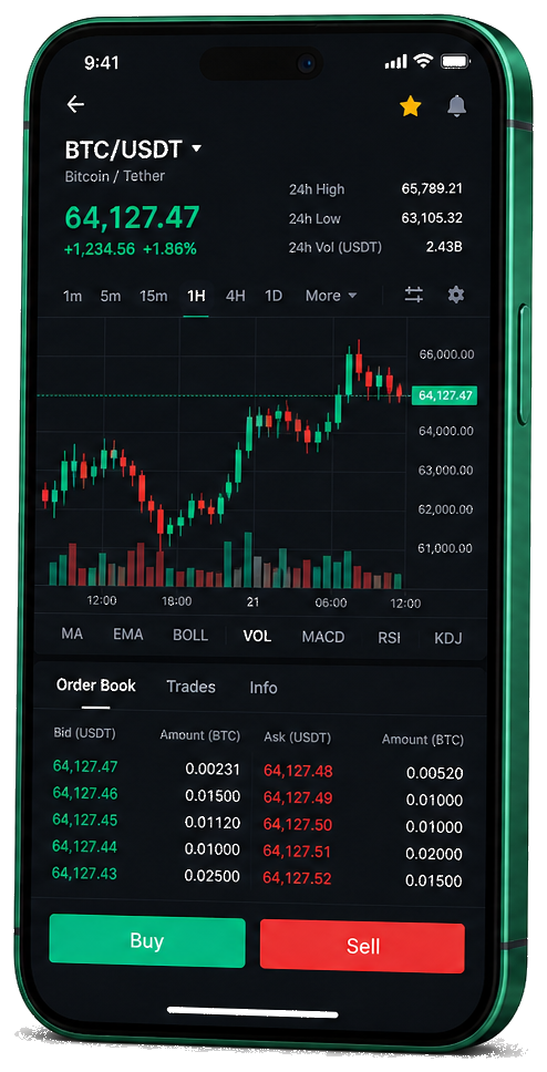 Application mobile Roc Valoraire — graphique BTC/USDT en direct, carnet d’ordres et outils de trading